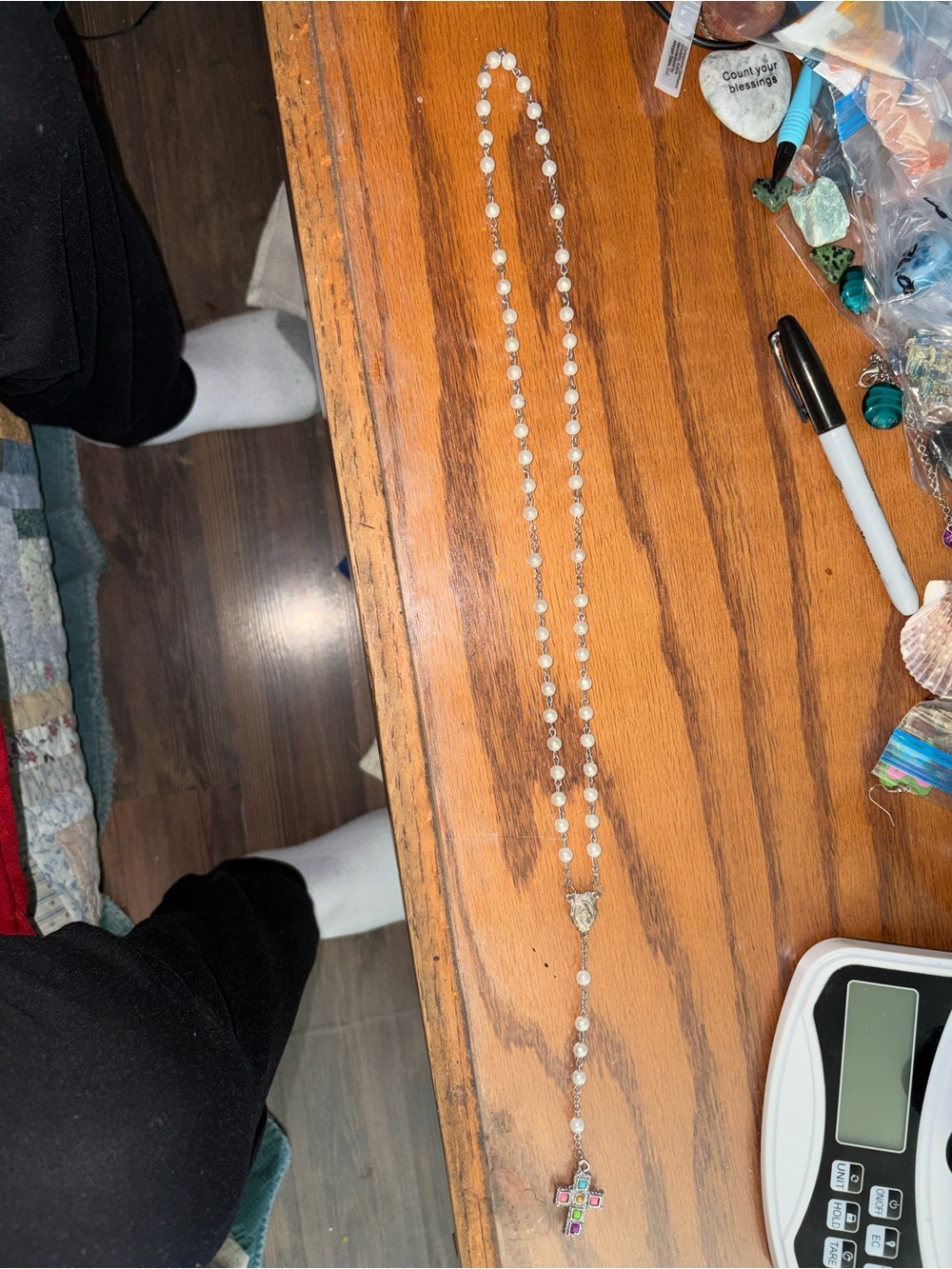 Fake Pearl Rosary Necklace with Cross Pendant - White 19 inches